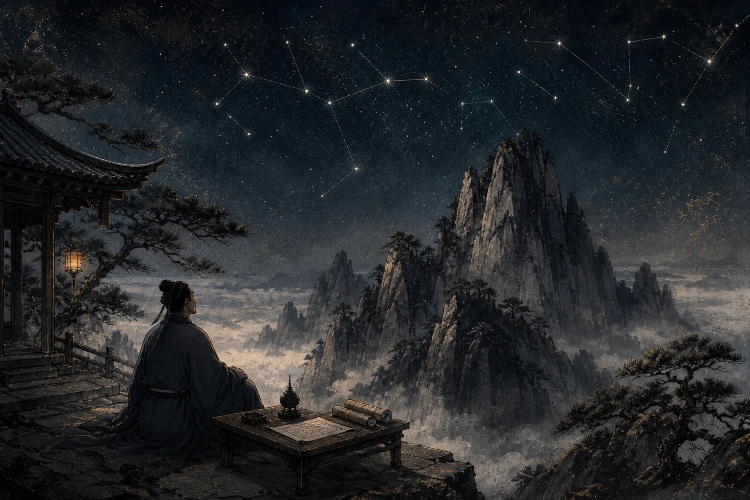 華山の峰と夜空を見上げる宋代の隠士を描いた水墨画風の情景